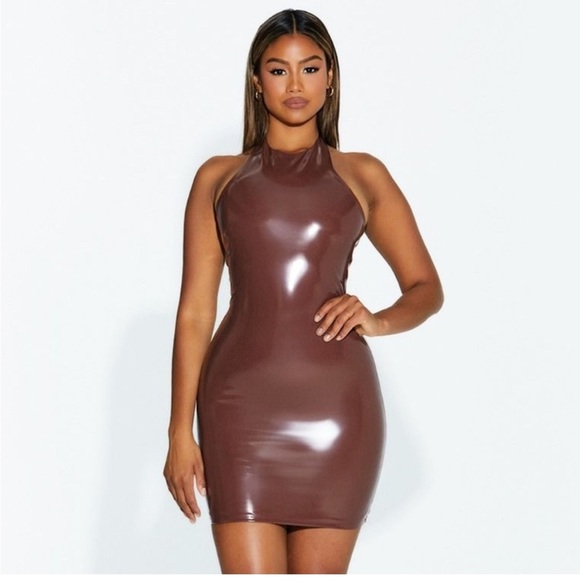 Naked Wardrobe The Vinyl Halter Mini
Dress in Chocolate - Picture 1 of 2